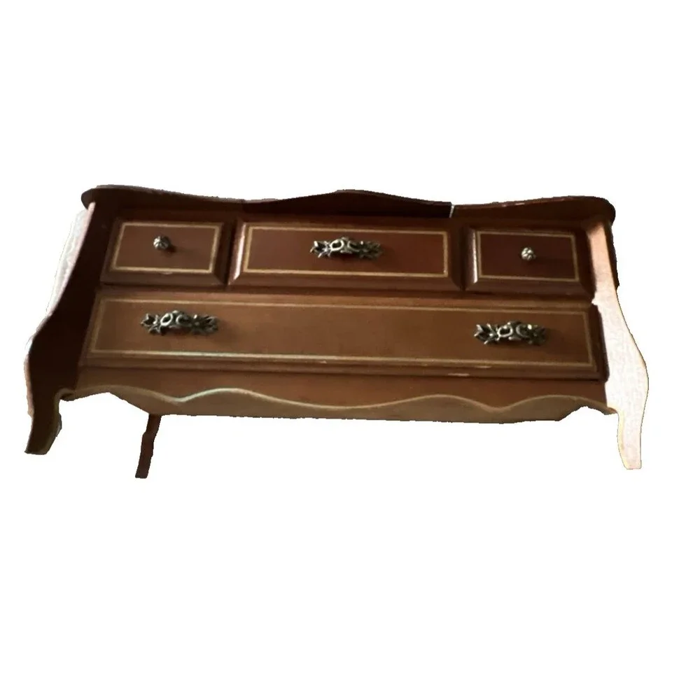 Vintage Mid Century Musical Wooden Jewelry Box, Drawers, Mirror, Velvet Lined